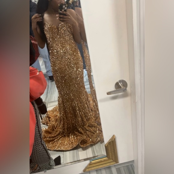 Gold Strapless Portia and Scarlett Prom Dress! ONLY WORN ONCE. Size 4!!No Train! - Picture 2 of 3